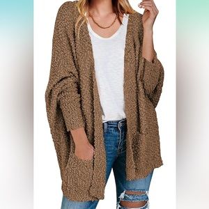 Fuzzy Cardigan Sweaters Batwing Sleeve Oversized Loose Knit Sweater w/Pockets